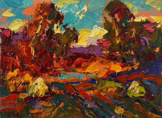 Image 1 of Original Oil Painting Autumn Nature Landscape Autumn Evening