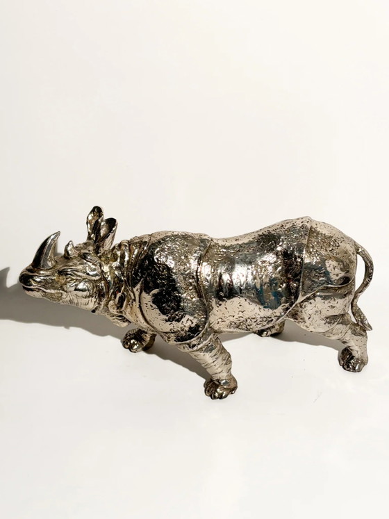 80s Silver-plated Metal Rhinoceros Sculpture (photo 4 of 12)