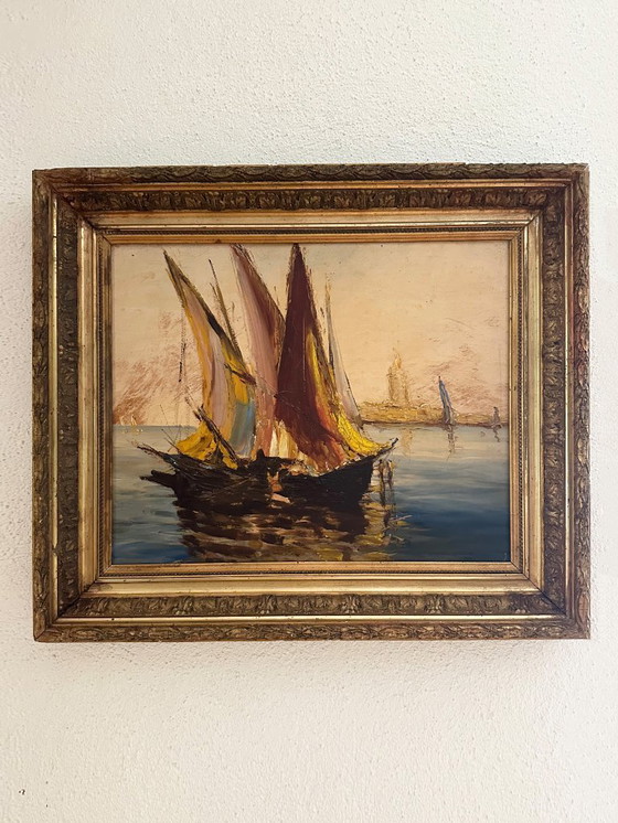 Image 1 of Sehr altes impressionistisches Ölgemälde eines Mittelmeerhafens