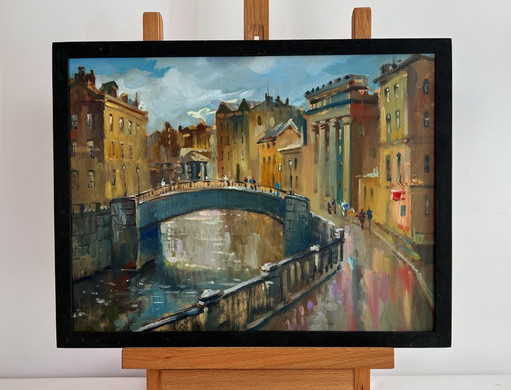 Original Oil Painting Gloomy City Landscape The heart of the city above the river
