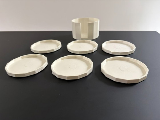 Image 1 of Vintage plastic coasters with holder | Set of 6 | Geometric | Cream