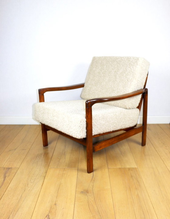 Image 1 of Wooden vintage brown armchair beige ivory long pile boucle design by Z. Bączyk - 2 pieces available