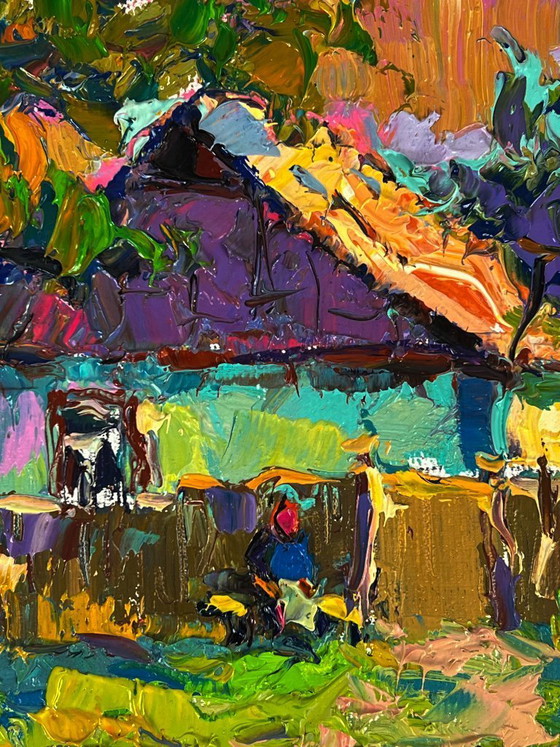 Image 1 of Peinture à l'huile originale, paysage champêtre, jardin d'été, maison au crépuscule