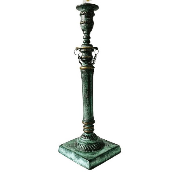 Image 1 of Antique bronze candlestick green patina 1900's