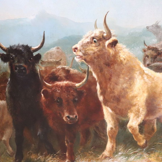 Image 1 of Large Oil Painting on Canvas, Herd of Cattle, Signed Watson W. 19th Century