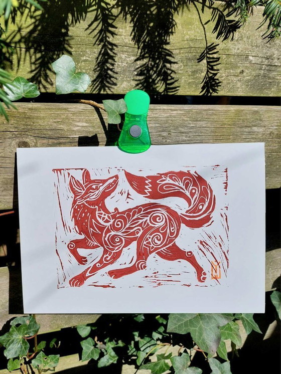 Image 1 of Handgemaakte vos Linosnede Print