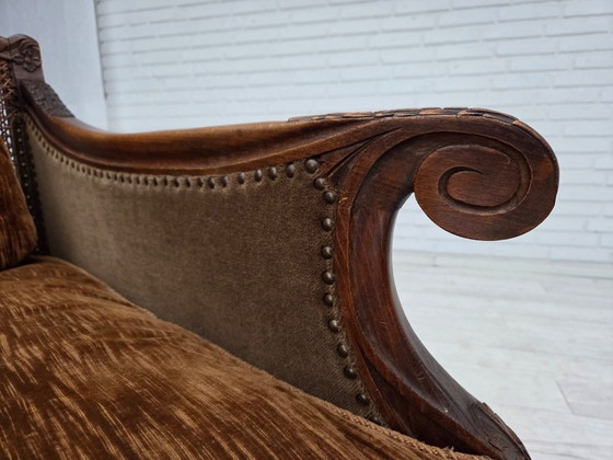 Image 1 of 1930-35s, Danish 3-seater sofa, furniture velour, furniture mesh, carved ash wood.