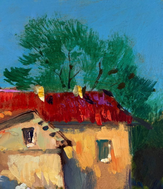 Image 1 of Original Oil Painting Summer Houses Landscape The bridge leading to the village