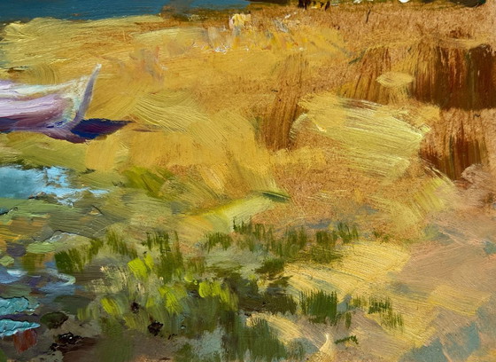 Image 1 of Origineel olieverfschilderij: Zomerkustlandschap, bewolkte dag op zee