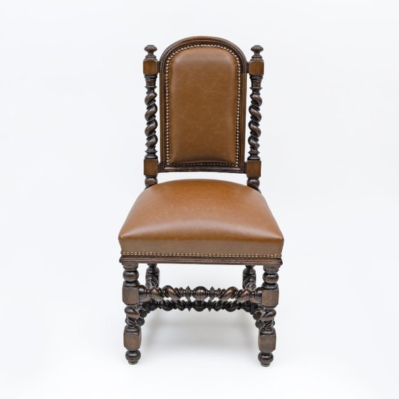 Image 1 of Six of Antique Italian Neo-Renaissance Walnut Dining Chairs in Genuine Leather.