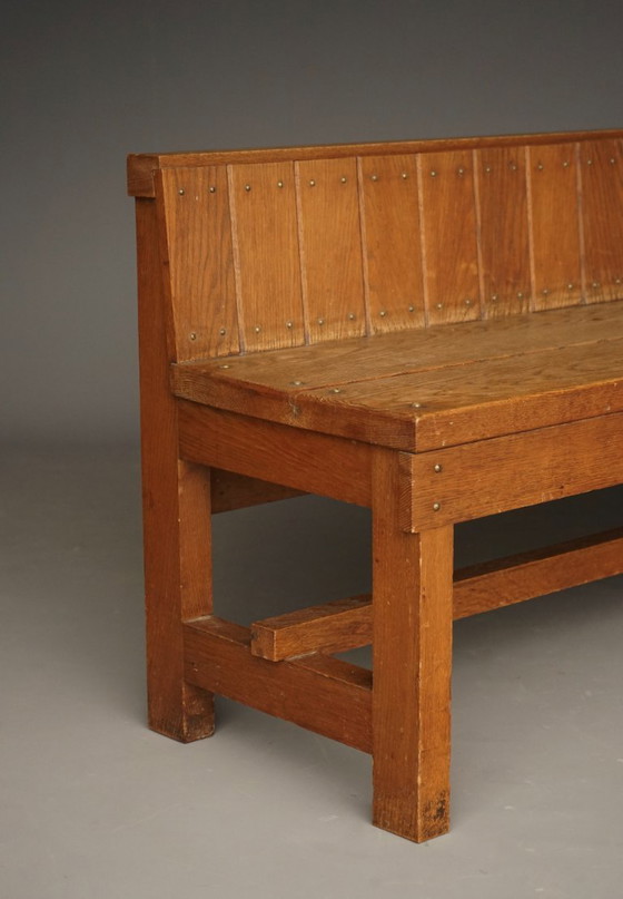 Image 1 of Traditionalistische Hollandse eikenhouten bank in de stijl van de Delftse School, jaren twintig