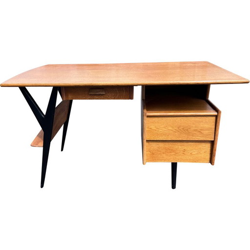 Bureau vintage en chêne massif par Louis Paolozzi pour Guermonprez, 1950s