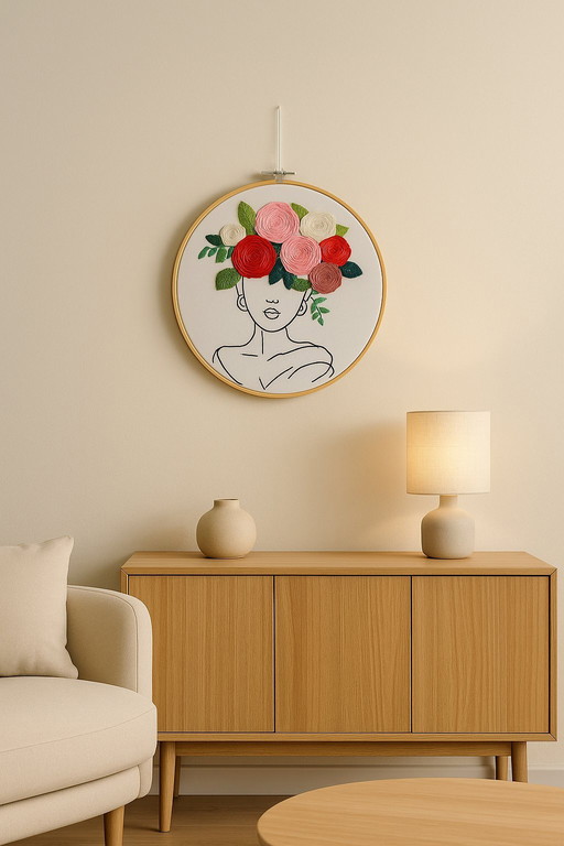 Handmade Embroidery Wall Art – Woman Silhouette with 3D Floral Hair – 30 cm