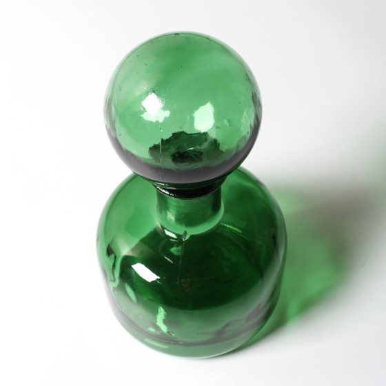 Image 1 of Vintage Emerald Green Glass Decanter / Genie Bottle with Stopper / Empoli / Italy / 1960s