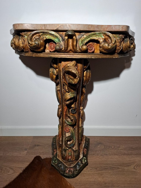 Image 1 of Antique Portuguese Gilded Console Table with Marble Top - 19th Century Carved Wood - Hand-Painted Polychrome Details - BGS Studi