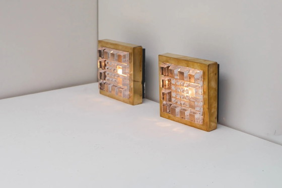 Image 1 of Schwedische brutalistische Wandlampen aus Glas und Messing von Falkenbergs Belysning, 2er-Set