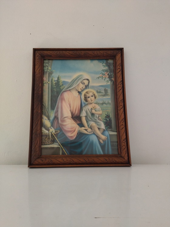 Cromolitografia Madonna con Bambino – Cornice Vintage 35 x 28 cm – Litografie e stampe, Glass, Mdf (photo 2 of 7)
