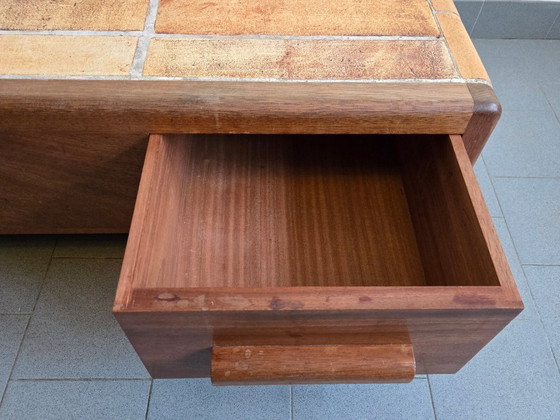Image 1 of Vintage 1970s Ceramic Coffee Table with Solid Oak Top and 3 Drawers, DLG Capron