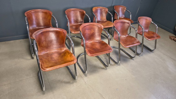 Image 1 of Vintage eetkamerstoelen van leer en chroom van Willy Rizzo, jaren 70 - set van 8