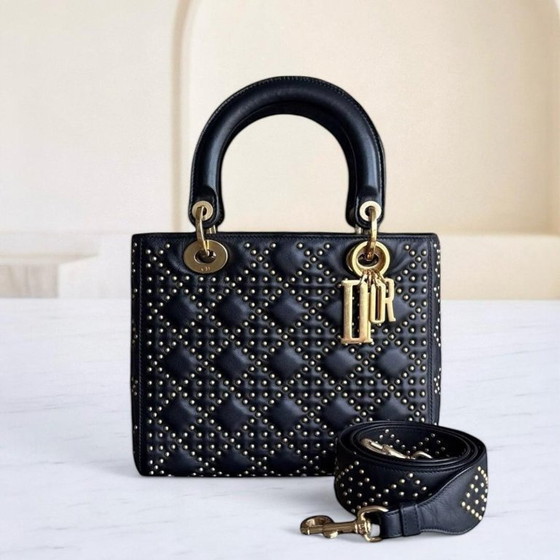 Image 1 of DIOR LADY MEDIUM FLAP - MET STUDS, CANNAGE-PATROON, ZWART, GOUDEN BESLAG
