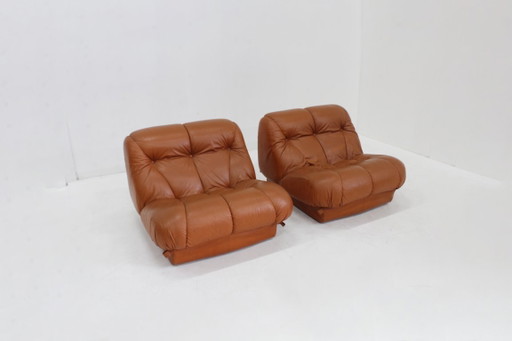 Set Vintage Mimo Padova Nuvolone Fauteuils Cognac Leer Jaren 70