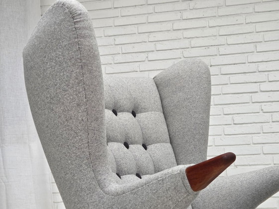 Image 1 of 1960er Jahre, dänischer „Teddy-Stuhl“ mit Hocker, neu gepolstert, Wolle, Teakholz.