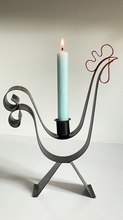 Candelabro metálico vintage sueco con forma de gallo