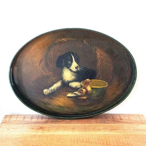 Vintage, handbemaltes Holztablett mit Hund und Taube