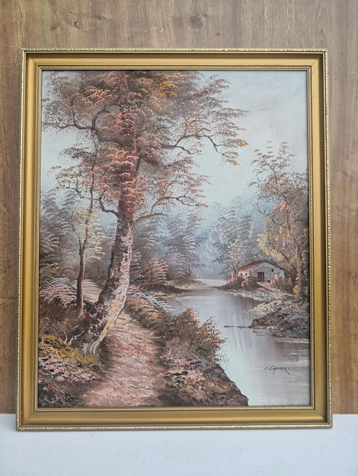 Olieverf op doek Irène CAFIERI - 20e eeuw "Rivieroever in de herfst" (44 x 54 cm)