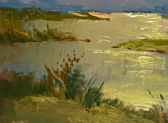 Image 1 of Original Oil Painting Sunset Lake Landscape The sun says goodbye to the horizon
