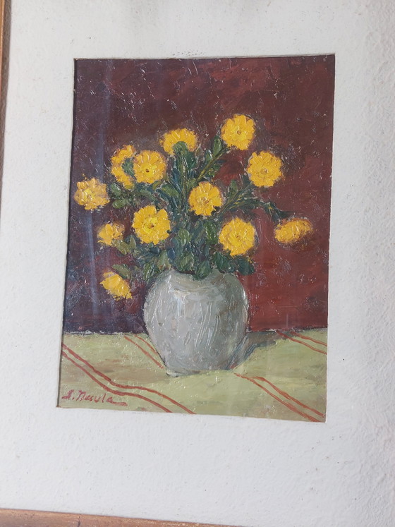 Image 1 of Magnifique peinture à l'huile, nature morte, vase de fleurs, années 1950, cadre sculpté à la main