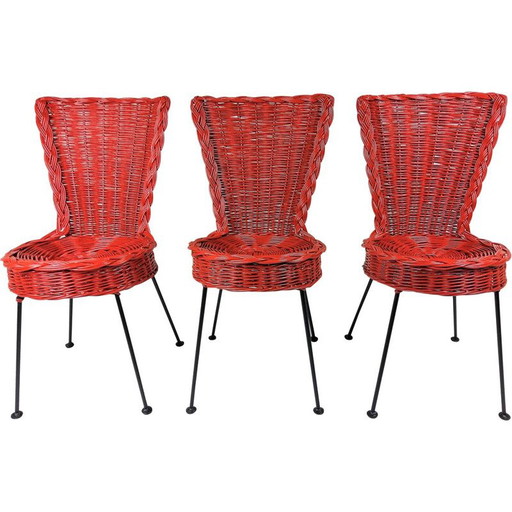 Set of 3 vintage woven rattan and metal chairs, 1950