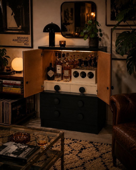 Vintage Brutalist Liquor Cabinet in Wengé Veneer, 70s, Mid-Century Modern, Wood, Black (photo 2 of 5)