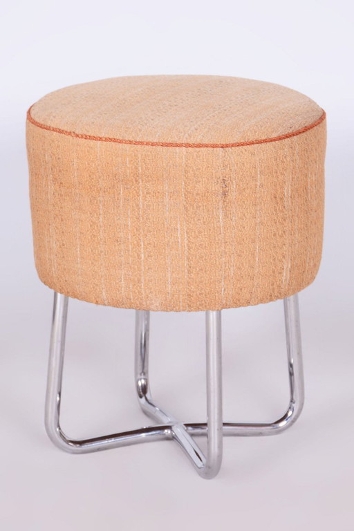 Gerestaureerde Bauhaus-kruk, verchroomd staal, verende bekleding, Tsjechisch, jaren 1930 – krukjes, Textile, Wood