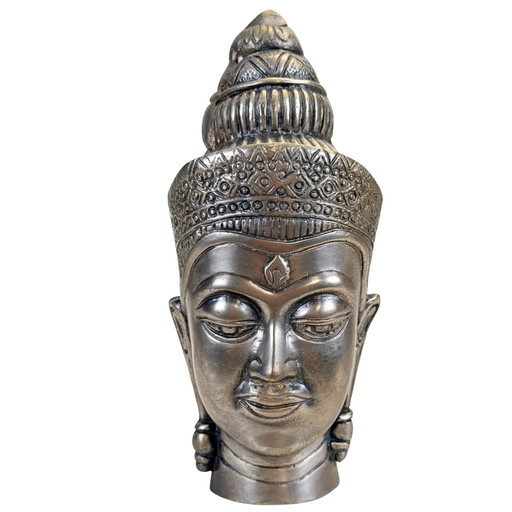 Testa di Divinità Asiatica Decorativa in Metallo con Corona