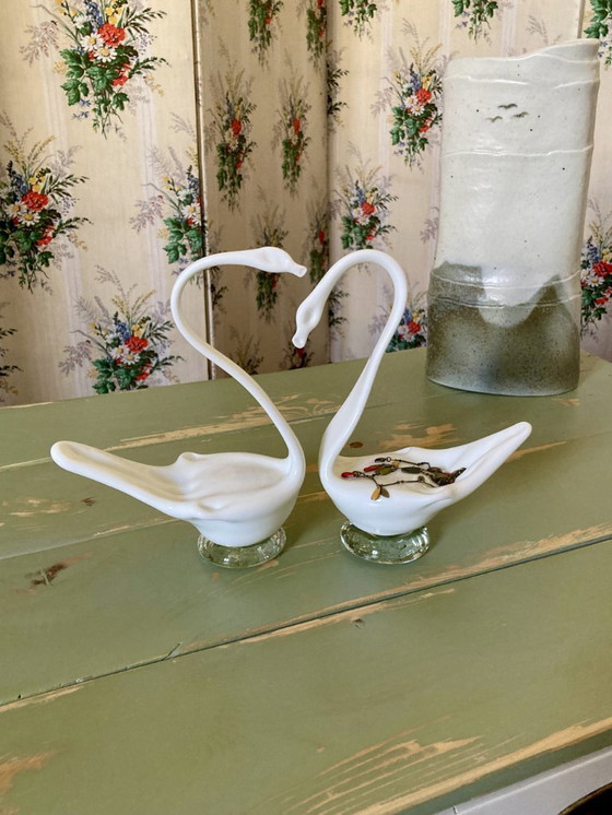 Image 1 of Pair of decorative swans handcrafted from opaque glass