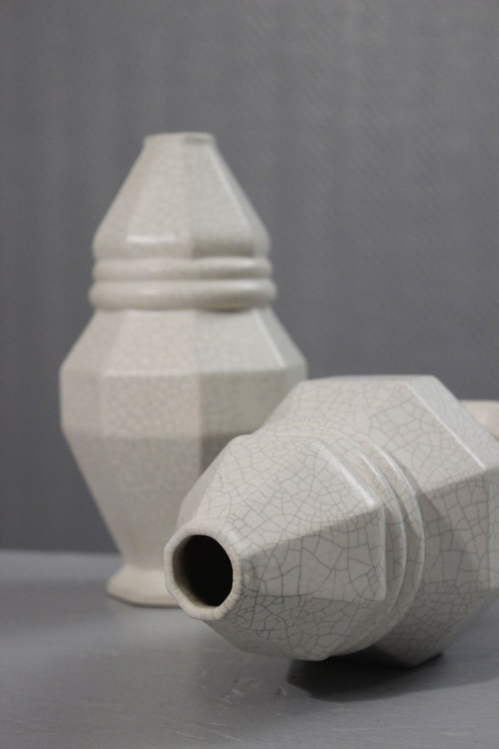 Image 1 of Coppia di vasi in terracotta di Saint Clément Craquelé a smalto periodo Art Déco 1930