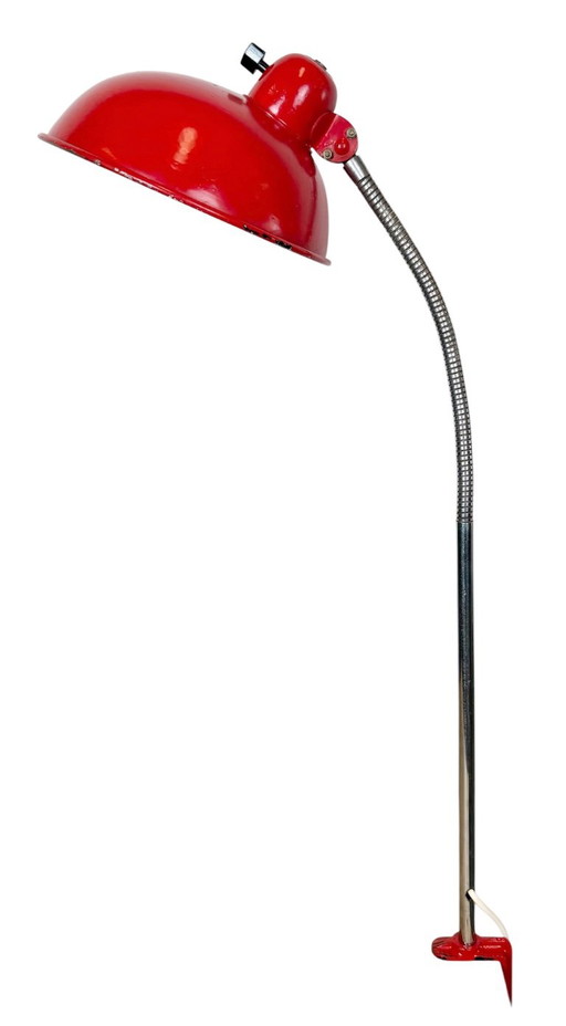 Large Red Industrial German Workshop Table Lamp From Helo Leuchten, 1950s – tafellampen, Chrome, Iron