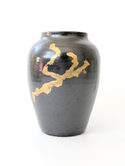 Vintage Studio Pottery Amphora Vase | Black & Gold Glaze | Japandi Minimalist Ceramic