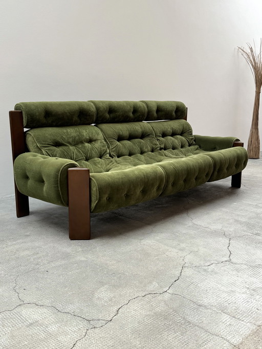 BRASILIAN BRUTALIST 3-seater SOFA WOODEN VENEER GREEN JEAN GILLON STYLE 1970s