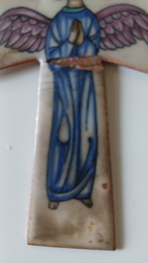 Croix Crucifix émail cuivre Croix berceau vintage Ange