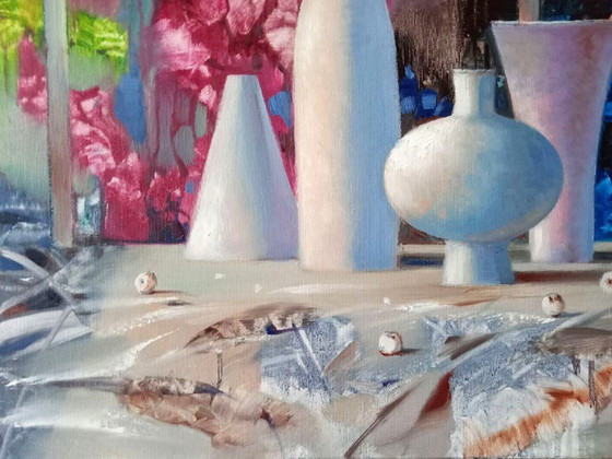 Original Oil Painting Abstract Vases Bottles Flowers Still Life – Paintings & Drawings, Canvas (photo 5 of 10)