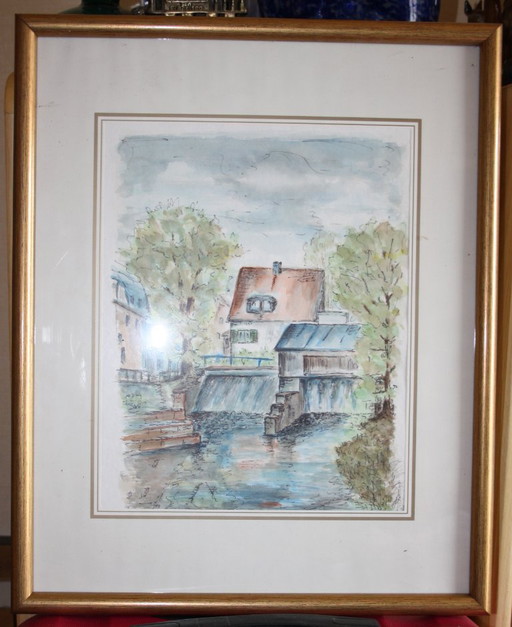 Watercolor village picture art on paper