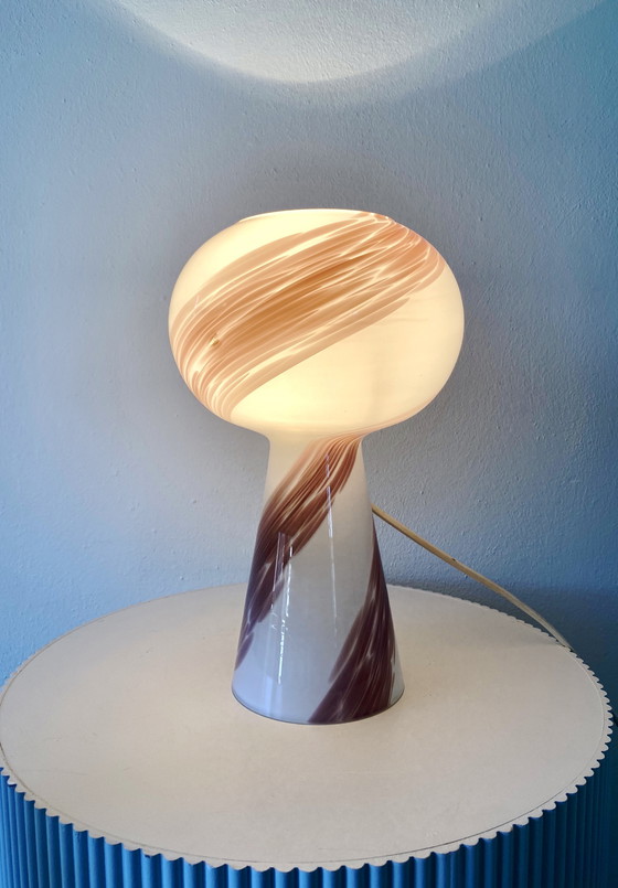 Image 1 of Vintage Murano Glass Mushroom Globe Medium-Size Table Lamp in White Opaline with Light Rose Pink Swirl