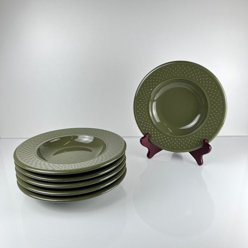 Set of 6 Genevieve Lethu soup plates, "Grain de riz" model, green