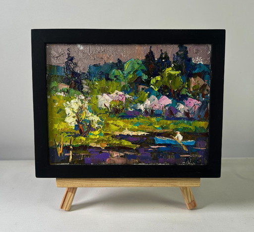 Original Oil Painting Evening Forest Landscape Breath of spring in green groves
