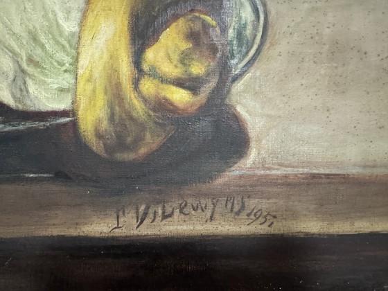 Image 1 of Naturaleza muerta con langosta y limón de R. Viliruvy, óleo sobre lienzo, Bélgica, 1951.