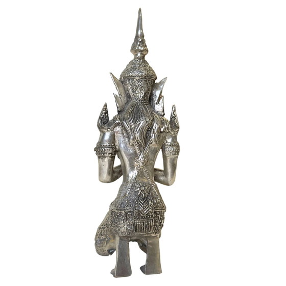 Versilbertes Thai Thepanom Engelspaar – Tempelwächter – 18 cm & 17 cm – Bildhauerei, Metal (photo 6 of 10)