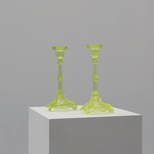 Pair Uranium or annagreen glass candlesticks by Vallerysthal & Portieux, France 1950s