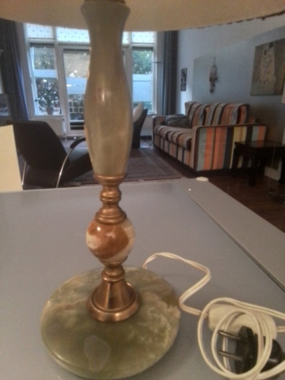Table lamp with onyx and brass, cream shade, Stone, Green, Klassiek (photo 5 of 5)